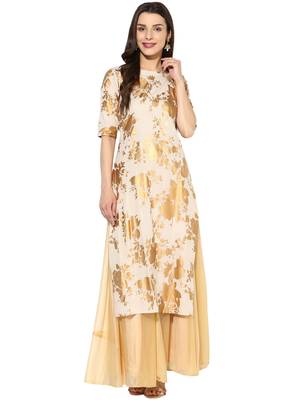 Beige printed Cotton stitched kurti 1