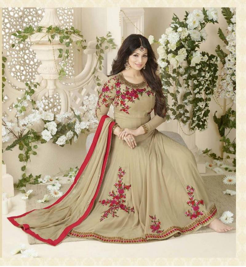 Beige embroidered georgette salwar with dupatta