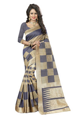 Grey printed kanchipuram silk saree with blouse 1
