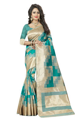 Teal printed kanchipuram silk saree with blouse 1