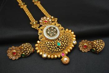 Gorgeous Multicolour Stone Studded Gold Long Necklace Set 1