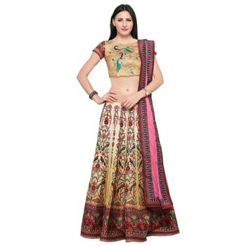 Beige printed silk unstitched lehenga 1