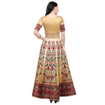 Beige printed silk unstitched lehenga 2