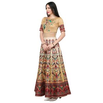 Beige printed silk unstitched lehenga 3