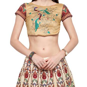 Beige printed silk unstitched lehenga 4