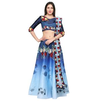 Blue printed silk unstitched lehenga 1