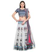White printed silk unstitched lehenga