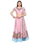 Pink printed silk unstitched lehenga