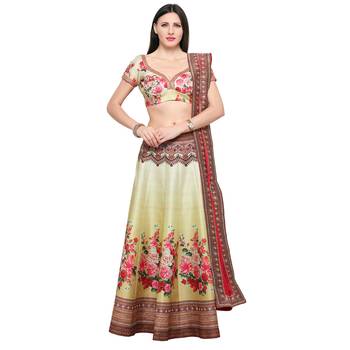 Beige printed silk unstitched lehenga 1