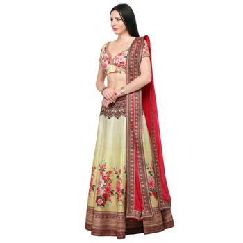 Beige printed silk unstitched lehenga 2