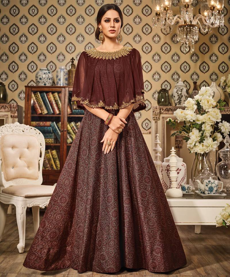 Brown Embroidered Chandan Silk And Soft Net Cape Semi Stitched