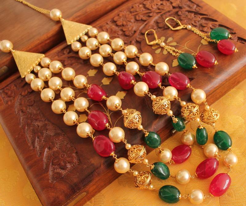Gorgeous Multilayer Ruby Emerald Pearl Necklace Set