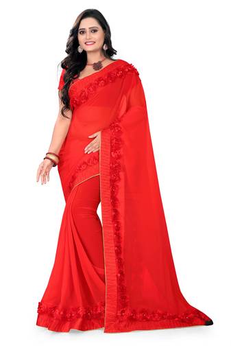 Red Woven Georgette Saree With Blouse