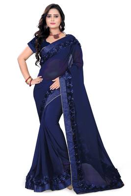 Navy Blue Woven Georgette Saree With Blouse 1