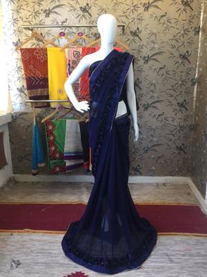 Navy Blue Woven Georgette Saree With Blouse 5