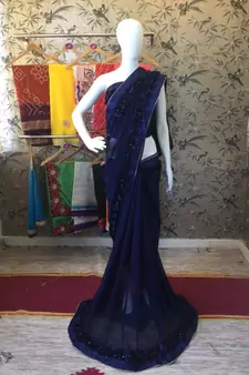 Navy Blue Woven Georgette Saree With Blouse