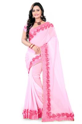 Light Baby Pink Woven Georgette Saree With Blouse 1