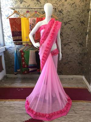 Light Baby Pink Woven Georgette Saree With Blouse 5