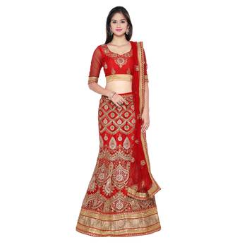 Red Embroidered Net Unstitched Lehenga With Dupatta 1