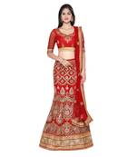Red Embroidered Net Unstitched Lehenga With Dupatta