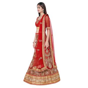 Red Embroidered Net Unstitched Lehenga With Dupatta 2