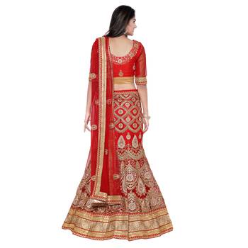 Red Embroidered Net Unstitched Lehenga With Dupatta 3