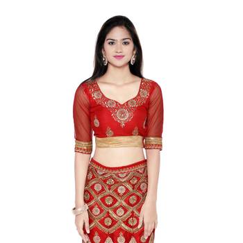 Red Embroidered Net Unstitched Lehenga With Dupatta 4
