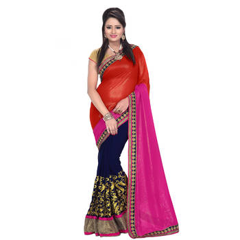 Orange Embroidered Chiffon Saree With Blouse 1