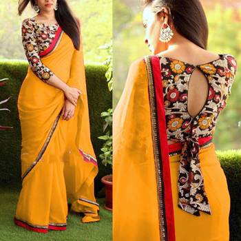 Yellow plain georgette saree with blouse 2