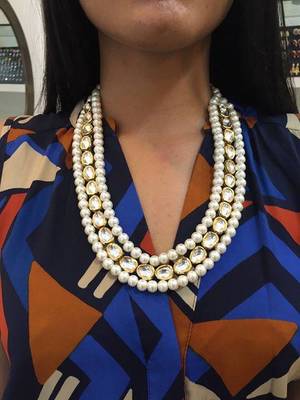 Kundan And Pearl Line Gold Plated Long Necklace 2
