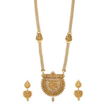 Fine Detailed Goddess Laksmi Long Necklace set in Pearls 2