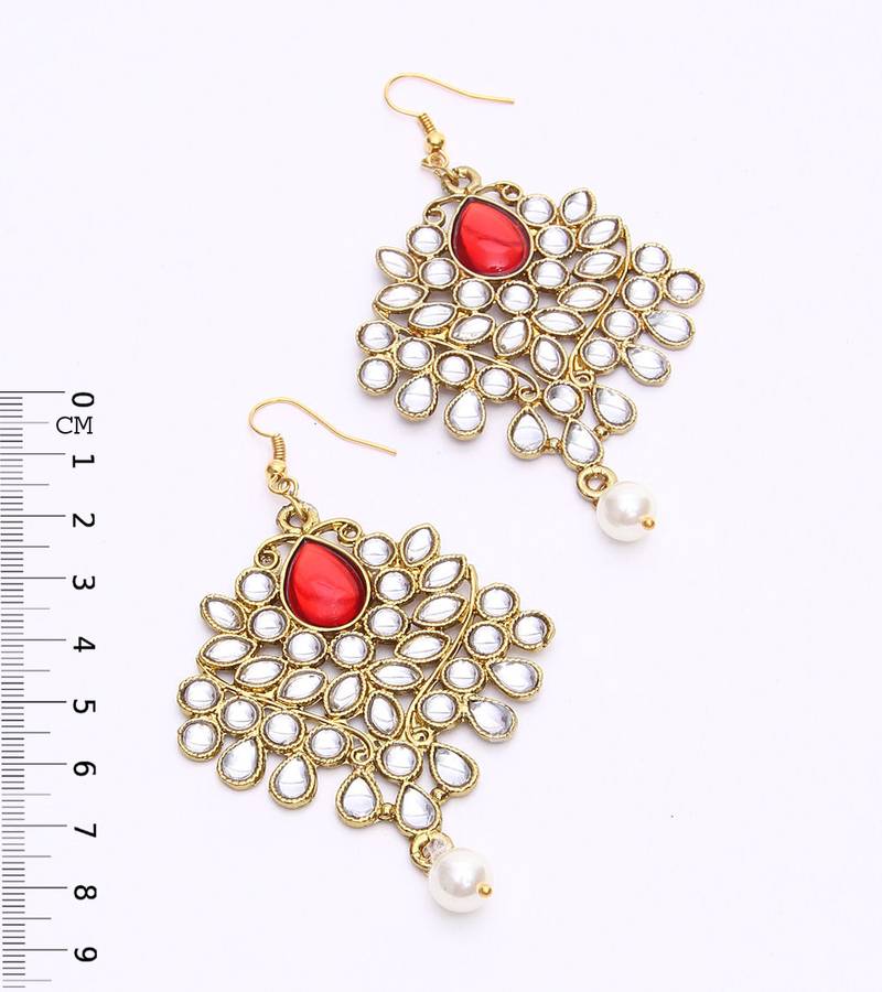 Red Kundan And Pearl Drop Earrings