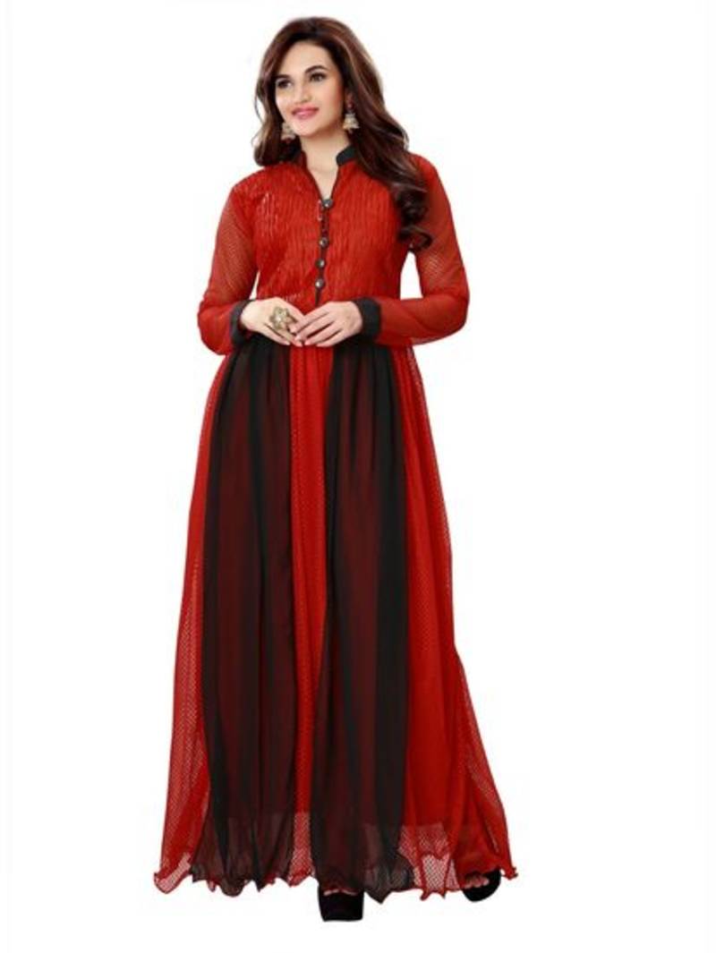 red plain georgette semi stitched party wear gown