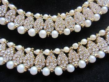 Gold Tone  Cz Pearl Anklets Payal Pair Xl 2