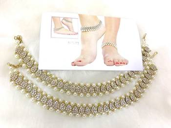 Gold Tone  Cz Pearl Anklets Payal Pair Xl 3