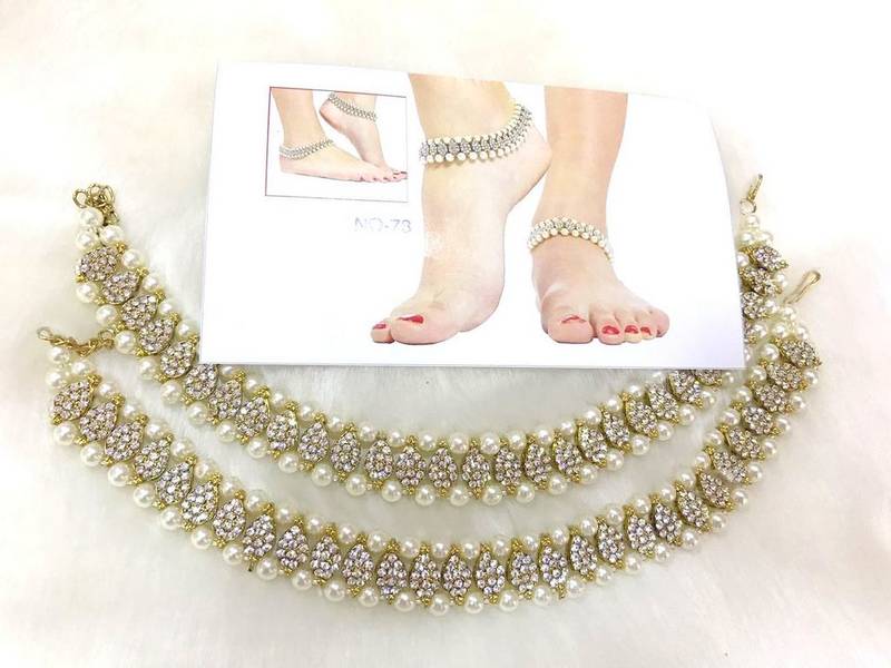 Gold Tone  Cz Pearl Anklets Payal Pair Xl