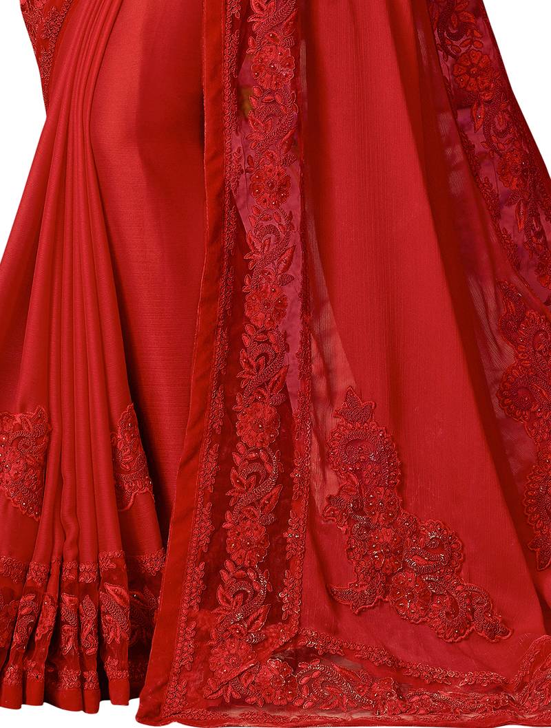 Red Satin Saree with Lace and Red  Blouse Fabric