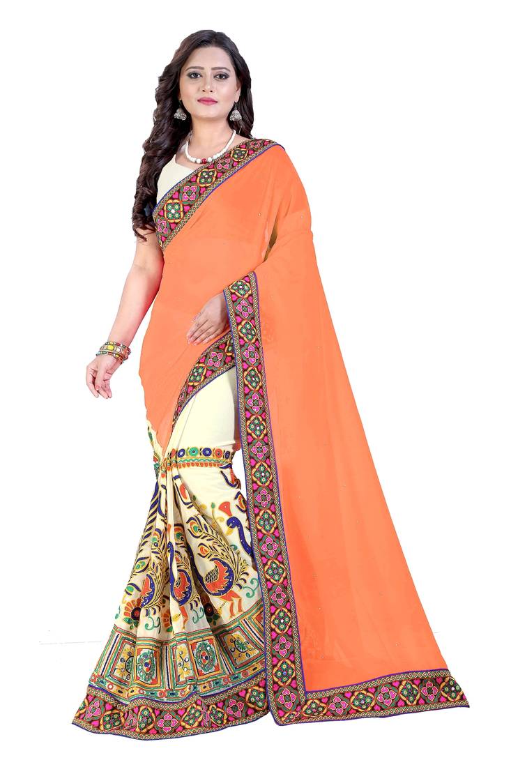 Orange Embroidered Georgette Saree With Blouse