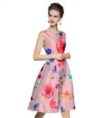 Pink printed satin stitched short-kurtis