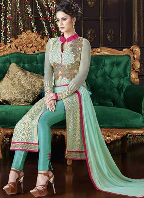 Light green multi resham work georgette salwar with dupatta 2