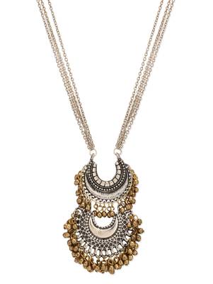 Silver Double Chaand With Golden Ghungroos Long Necklace 1