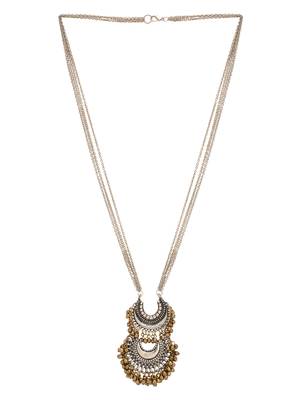 Silver Double Chaand With Golden Ghungroos Long Necklace 2