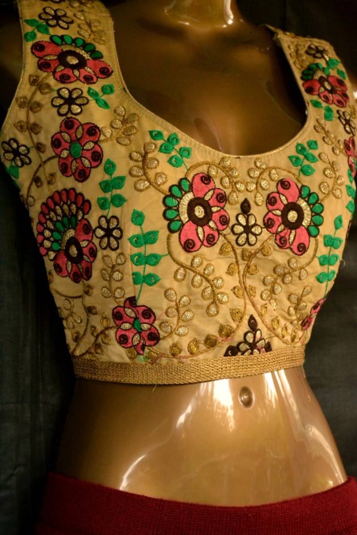 Beige Designer Hand Embroidered Raw Silk readymade-blouse