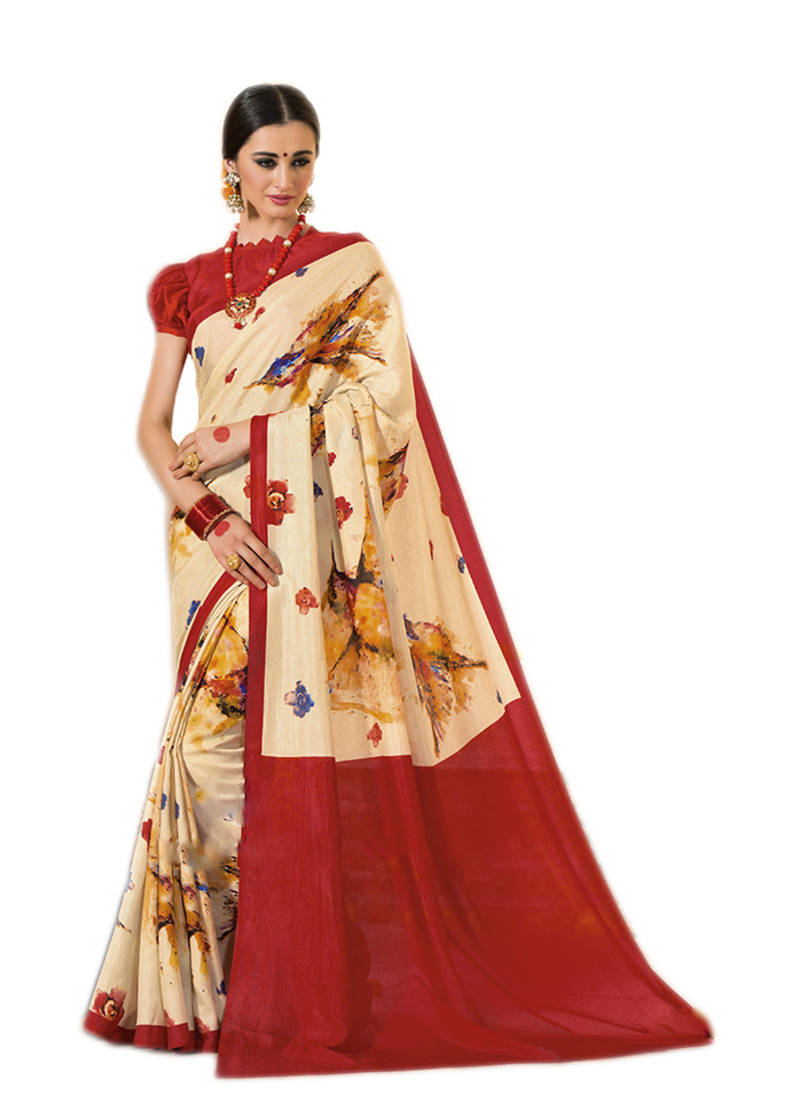 Women's Manipuri Silk Beige Printed Designer Saree With Blouse Piece