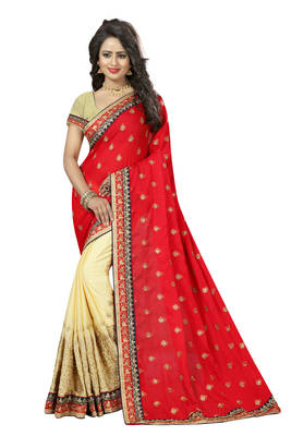 Red embroidered cotton saree with blouse 1