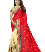 Red embroidered cotton saree with blouse