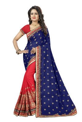 Navy blue embroidered cotton saree with blouse 1