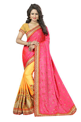 Pink embroidered crepe saree with blouse 1