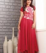 Red printed georgette semi stitched anarkali salwar suit by fabfiza