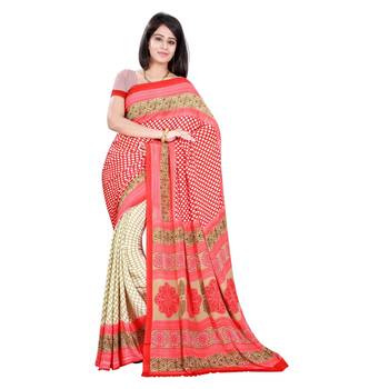 Orange printed crepe saree with blouse 1